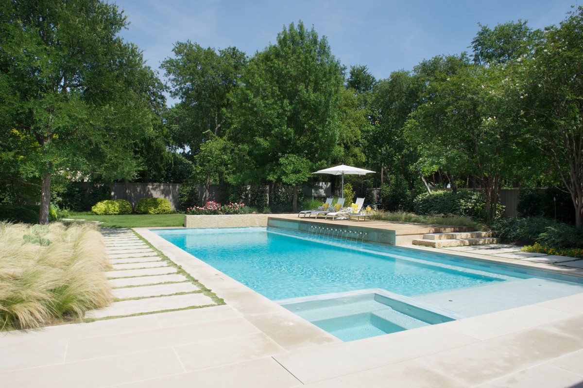 Contemporary pool with sun deck and landscaping with concrete pavers and native grasses in Dallas, TX