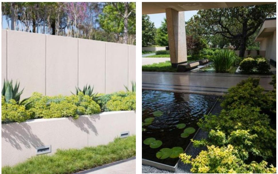 Side-by-side photos of a poured concrete planter wall and a contemporary lily pond.