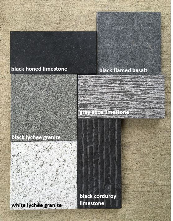 Collage of natural stone hardscaping materials including limestone, granite and basalt.