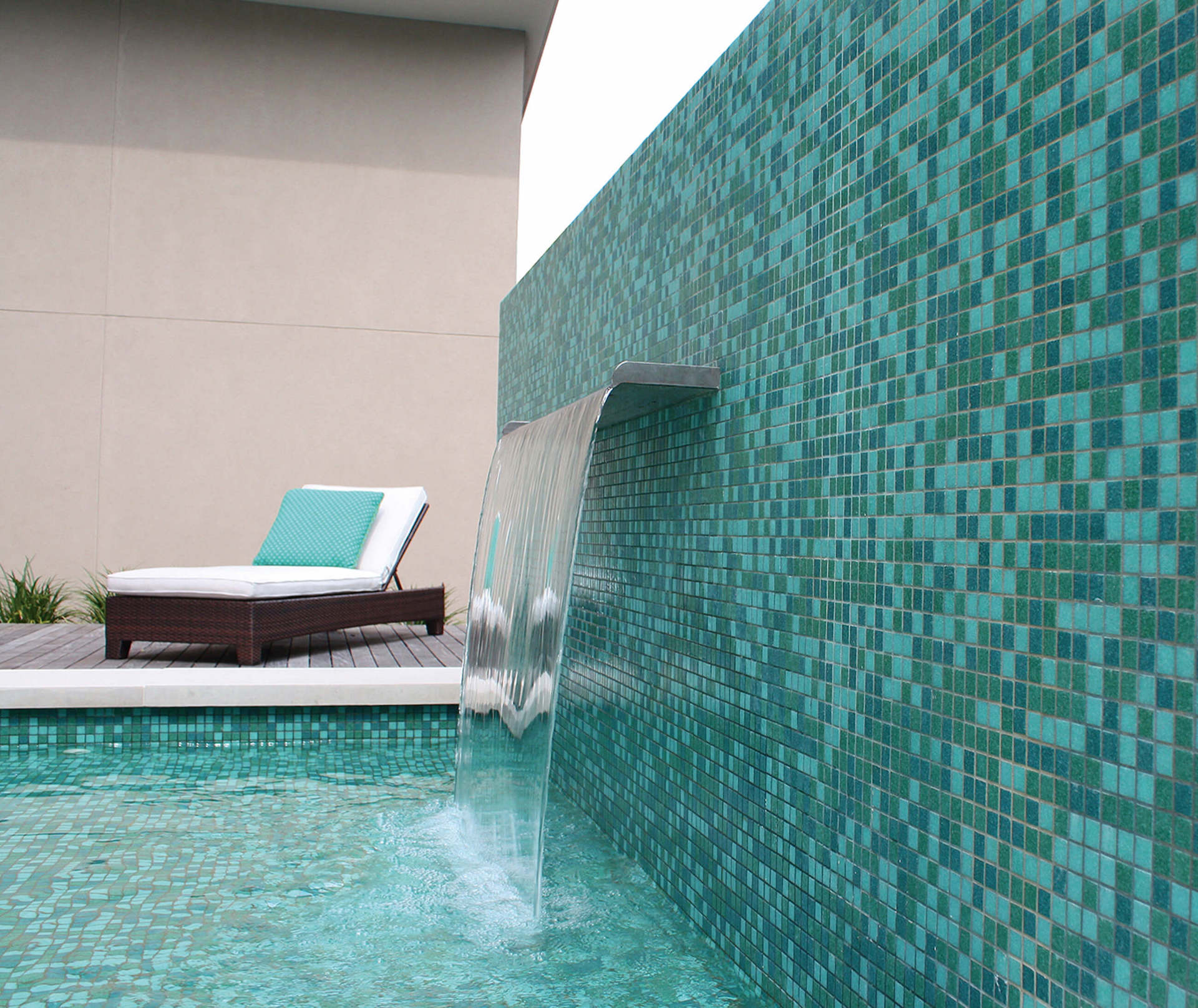Dallas, TX - Turquoise Mosaic Tile pool and contemporary pool water features