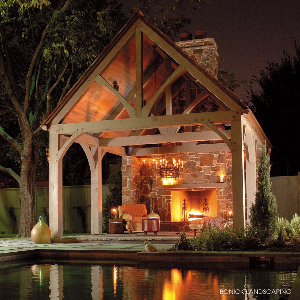 Outdoor pavilion with fireplace