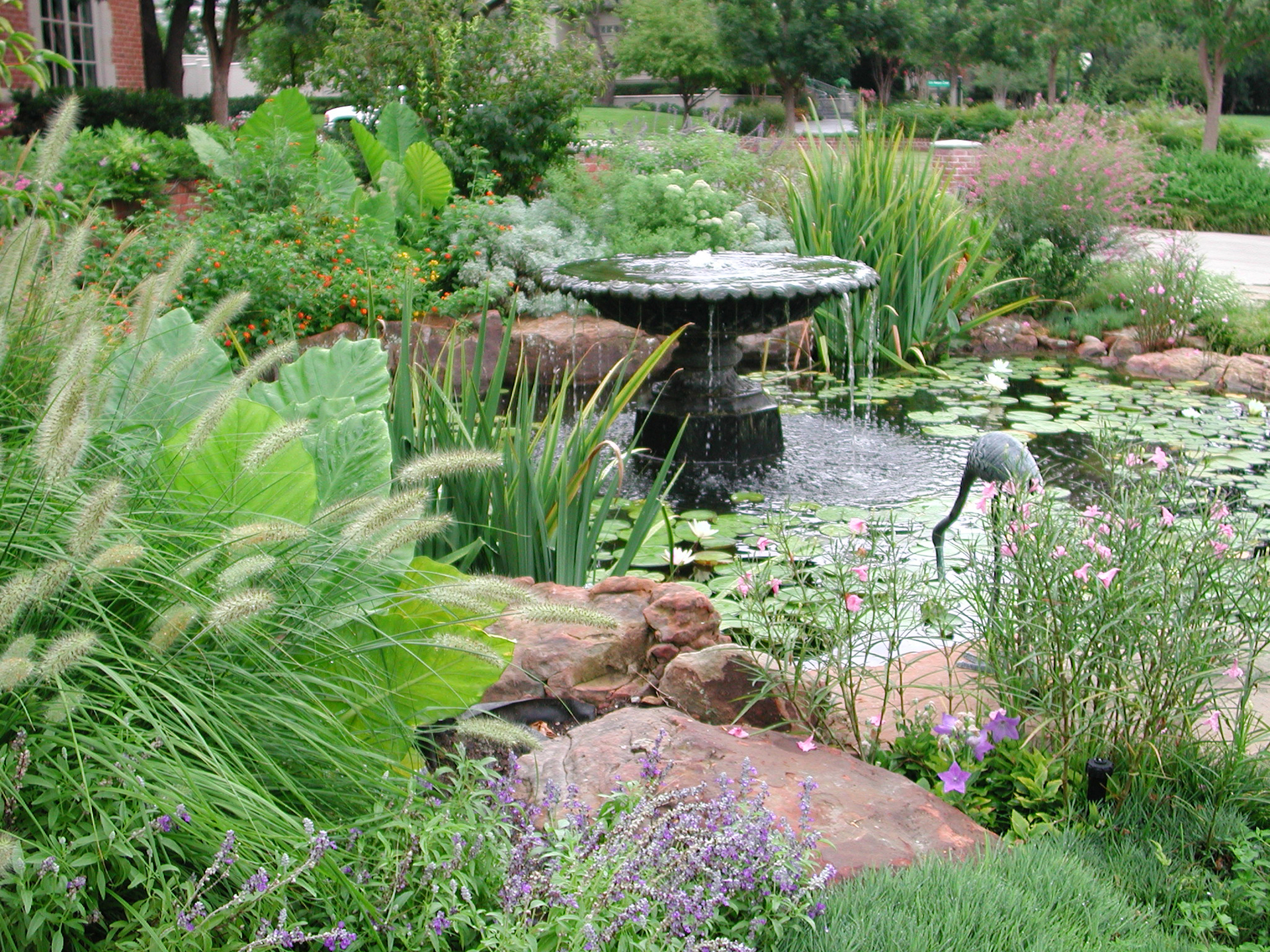 Dallas backyard garden with fountain designed by Bonick Landscaping.