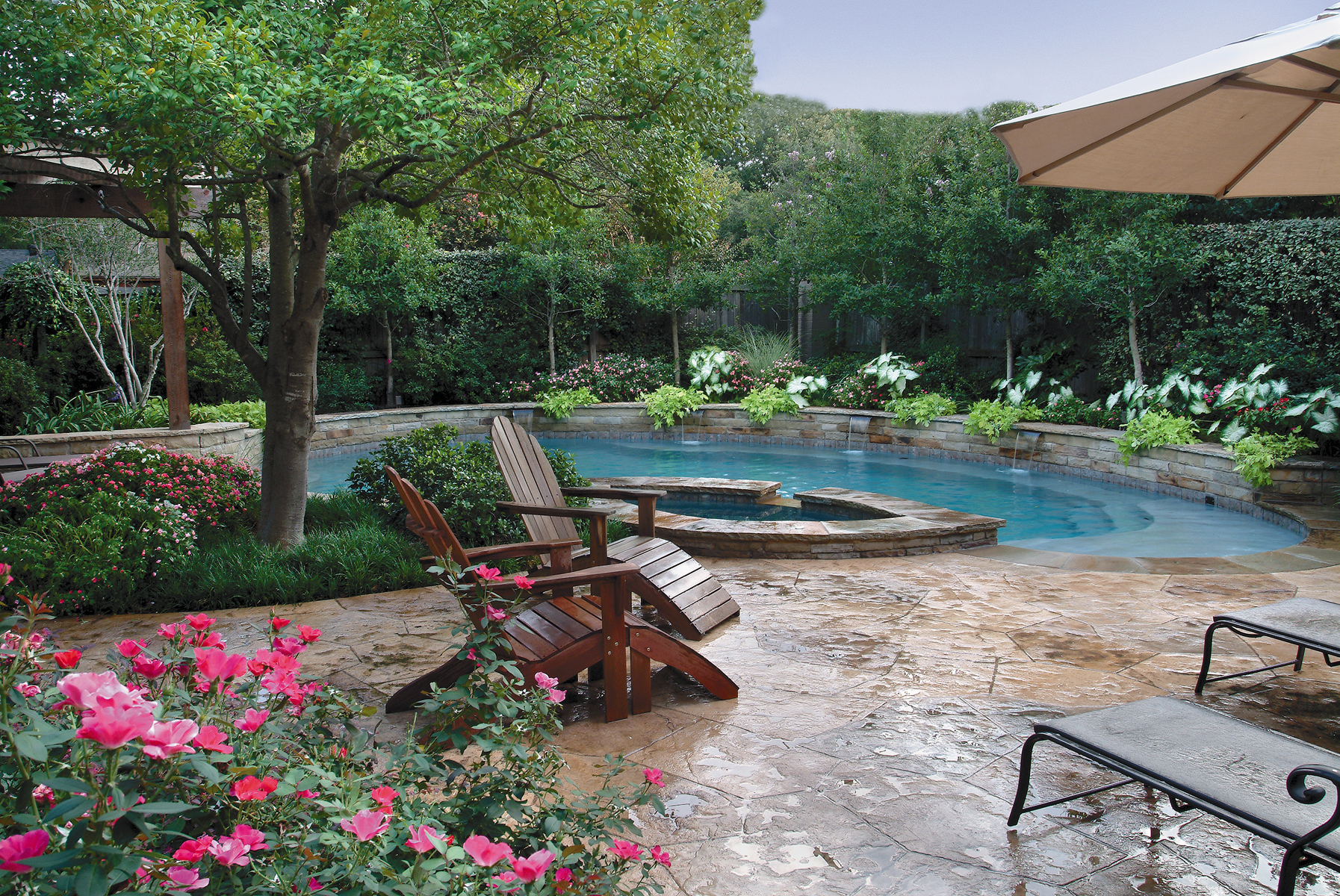 Dallas area home backyard with a pool, spa, patio and landscaping.